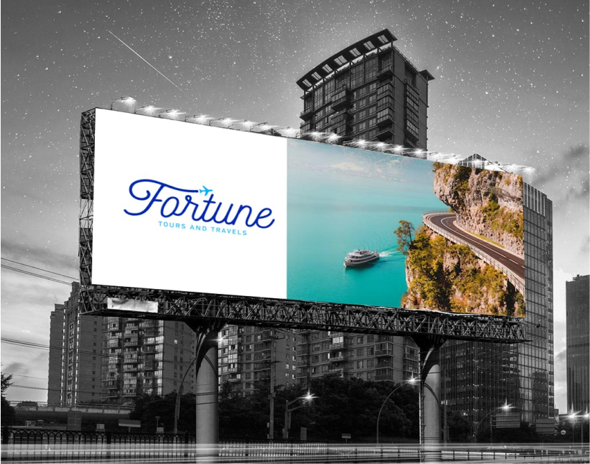 low-cost logo design Fortune tours and travels billboard mockup